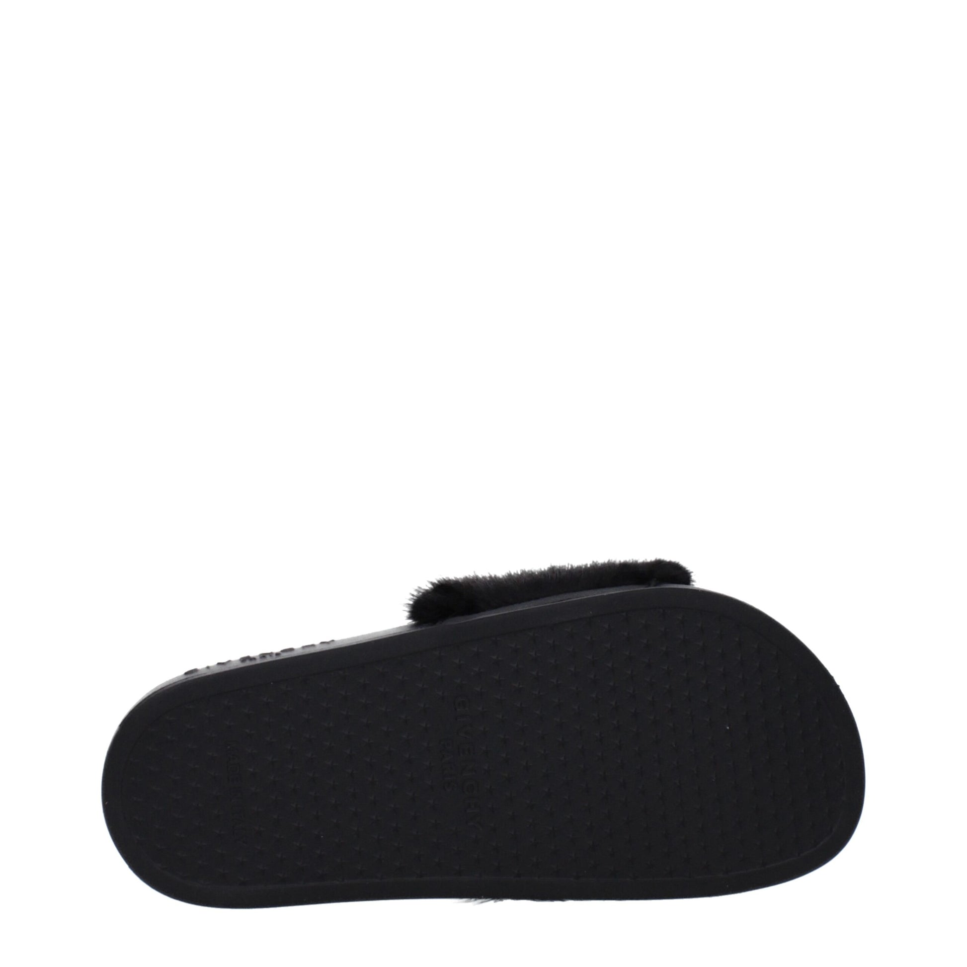 Black fur slide sandal viewed from sole with Givenchy Paris logo embossed