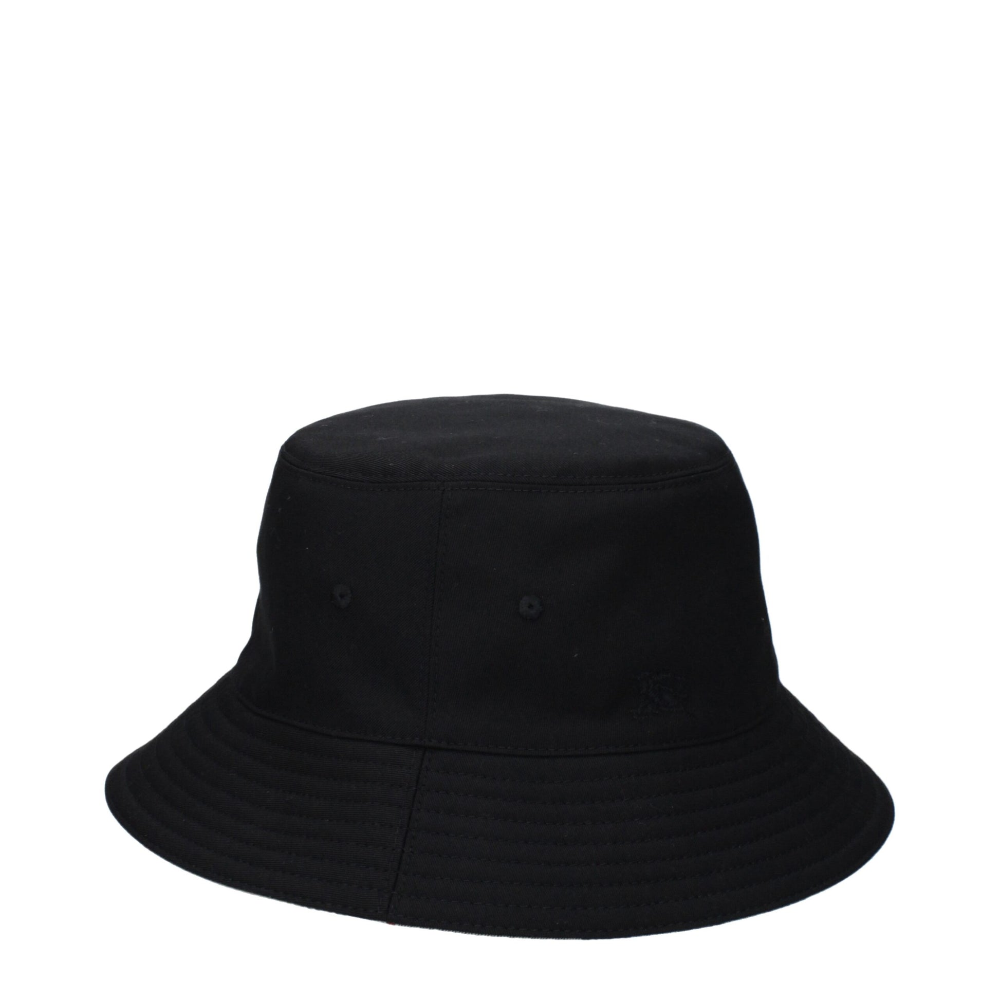Black cotton bucket hat with stitched brim and ventilation eyelets on white background