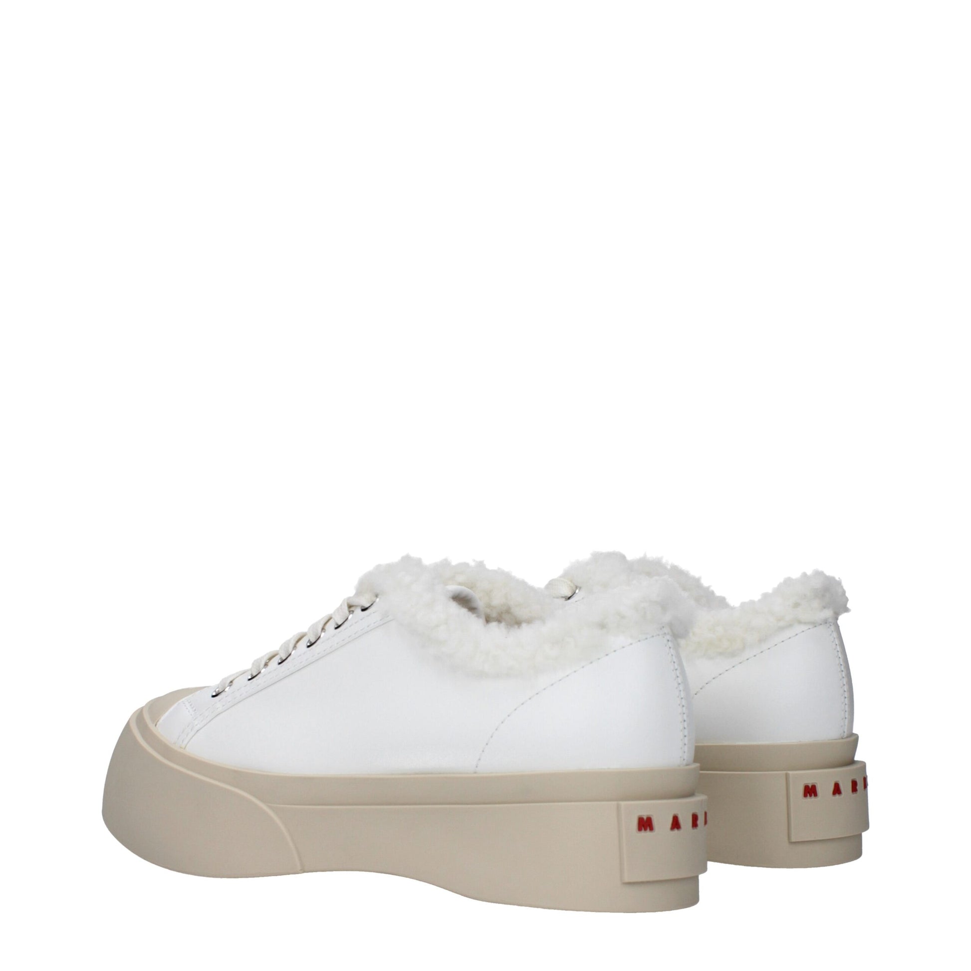 White leather platform sneakers with beige sole and cozy white shearling lining