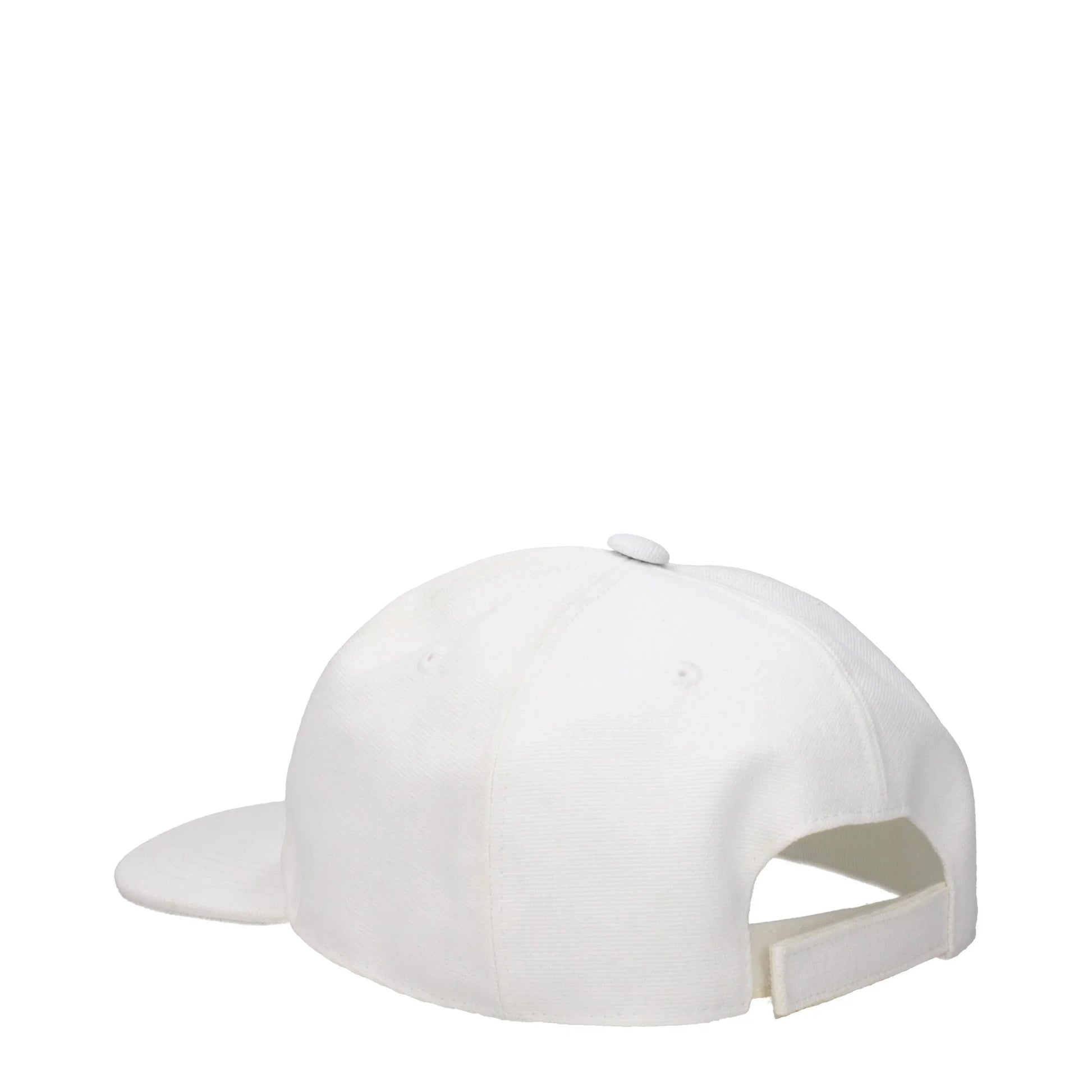 Plain white adjustable baseball cap with Velcro strap on a white background