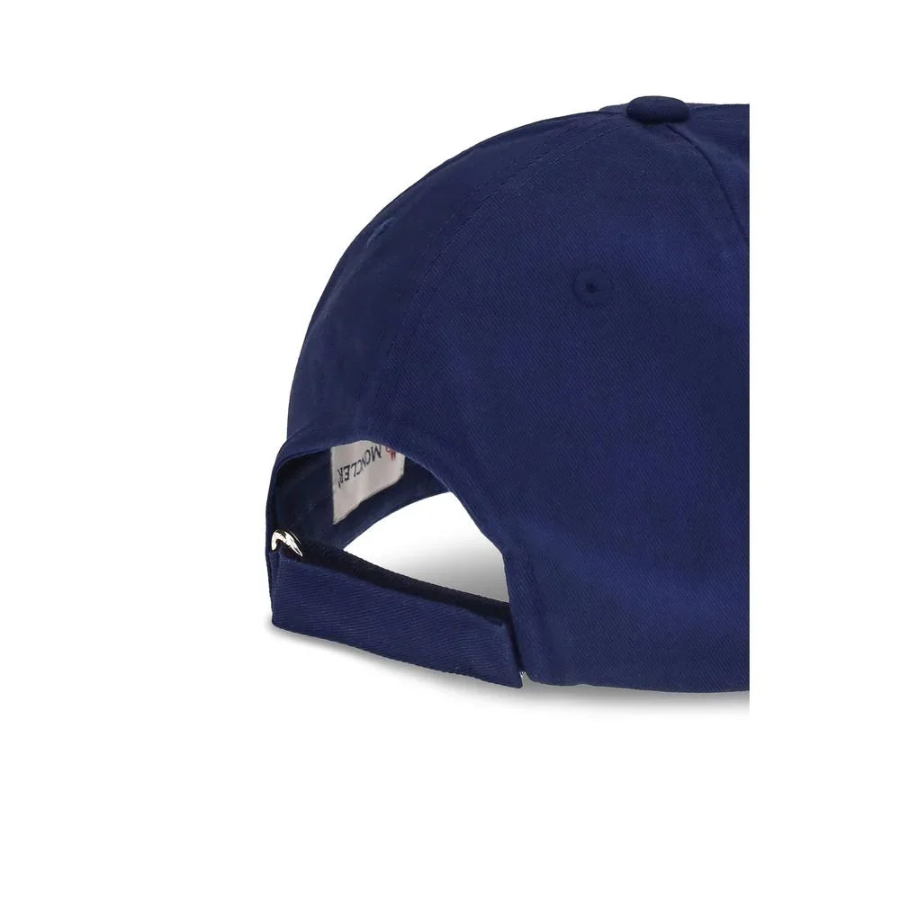 Back view of navy blue adjustable strap baseball cap with fabric and metal buckle