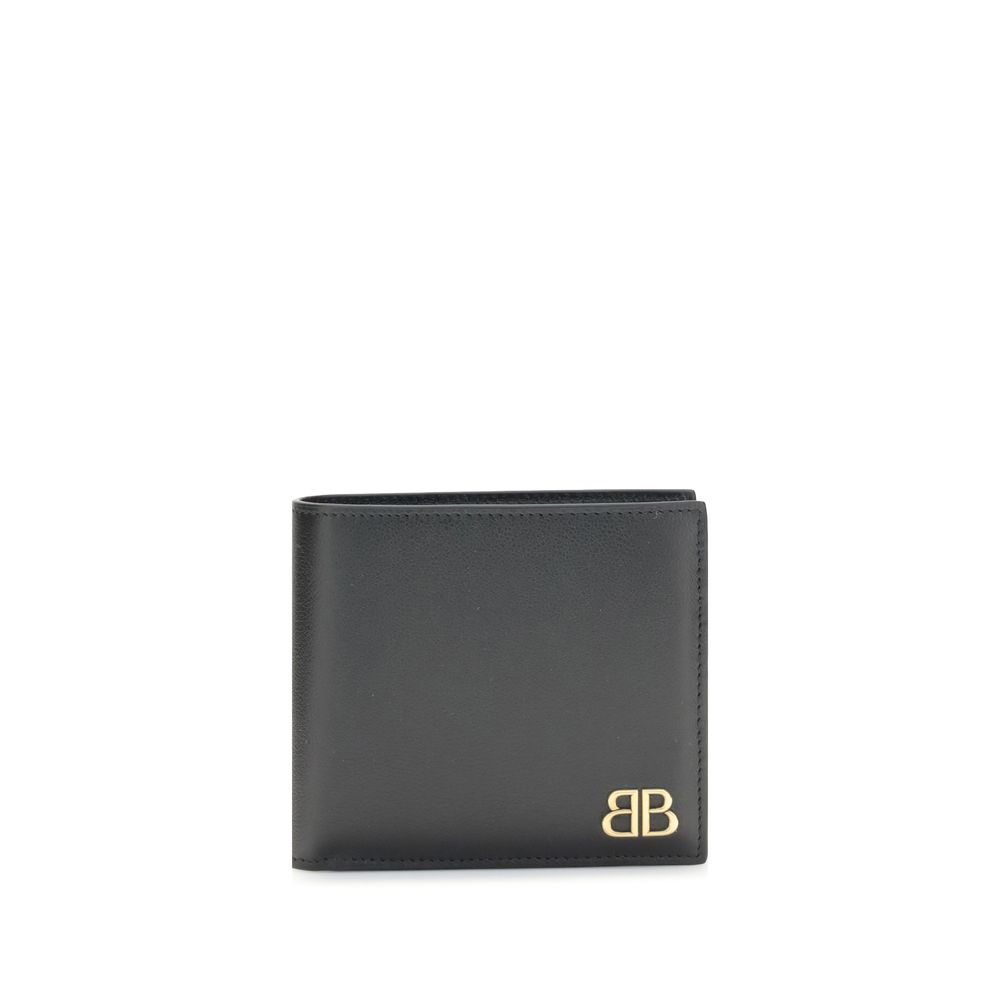 Black leather wallet with gold BB logo on front, minimalist luxury design
