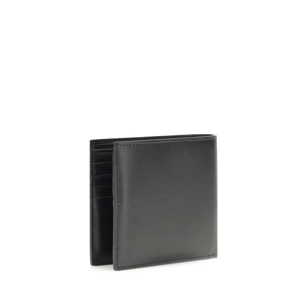 Black leather bi-fold wallet with card slots on white background