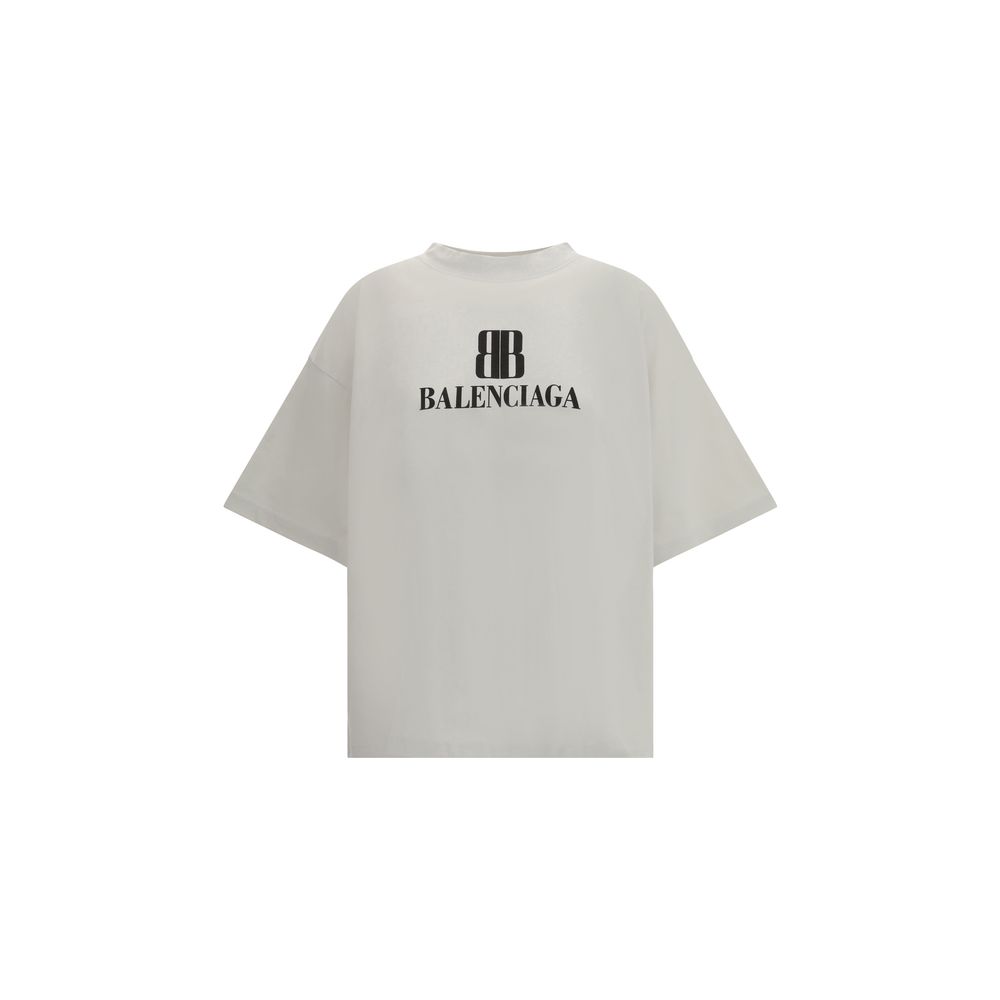 White Balenciaga oversized T-shirt with black logo and double B graphic on front