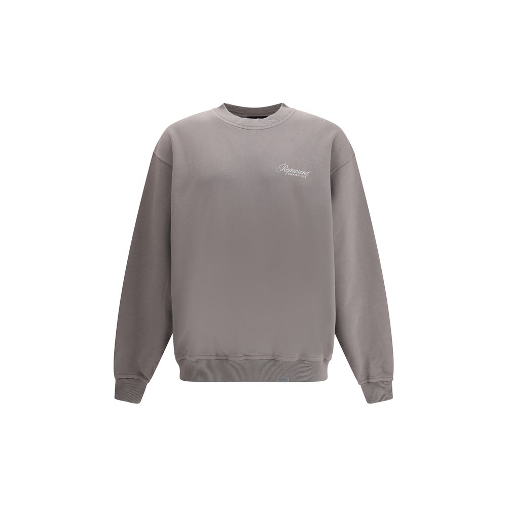 Gray crewneck sweatshirt with small white Represent logo on chest, ribbed cuffs and hem