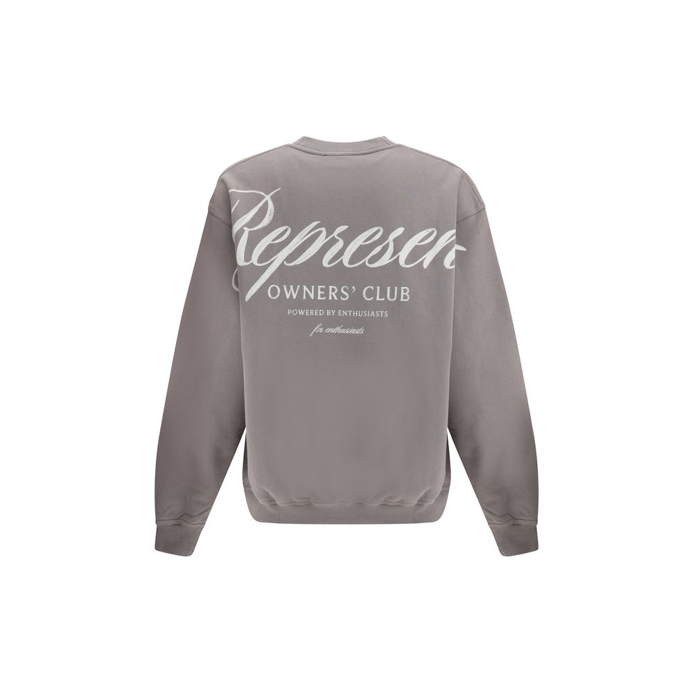 Gray sweatshirt with white scripted text 'Represent Owners' Club powered by enthusiasts' on back