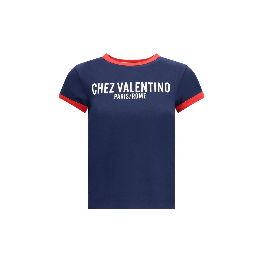 Navy blue short-sleeve t-shirt with red cuffs and collar, white Chez Valentino Paris Rome print