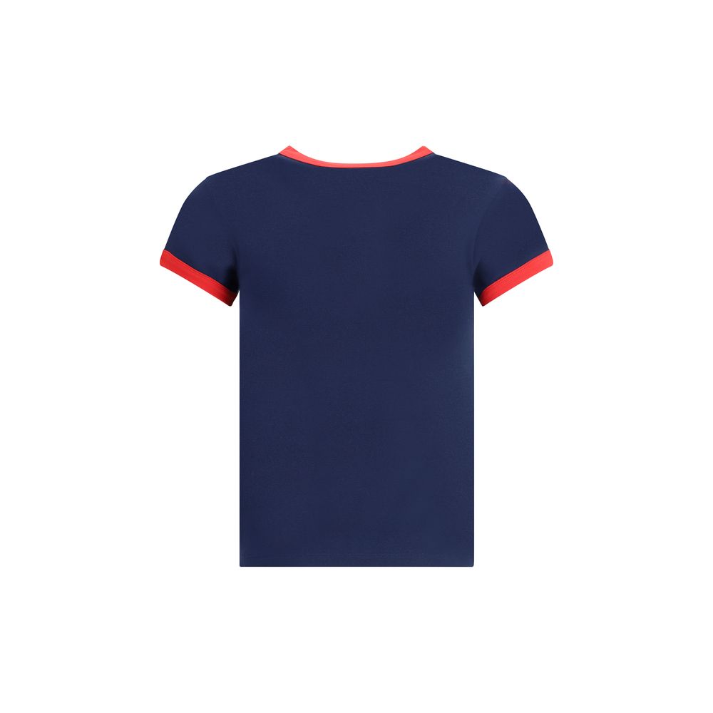 Navy blue short-sleeve t-shirt with red cuffs and collar, white Chez Valentino Paris Rome print