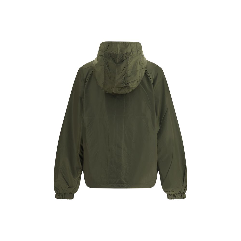 Back view of olive green lightweight hooded windbreaker jacket with elastic cuffs