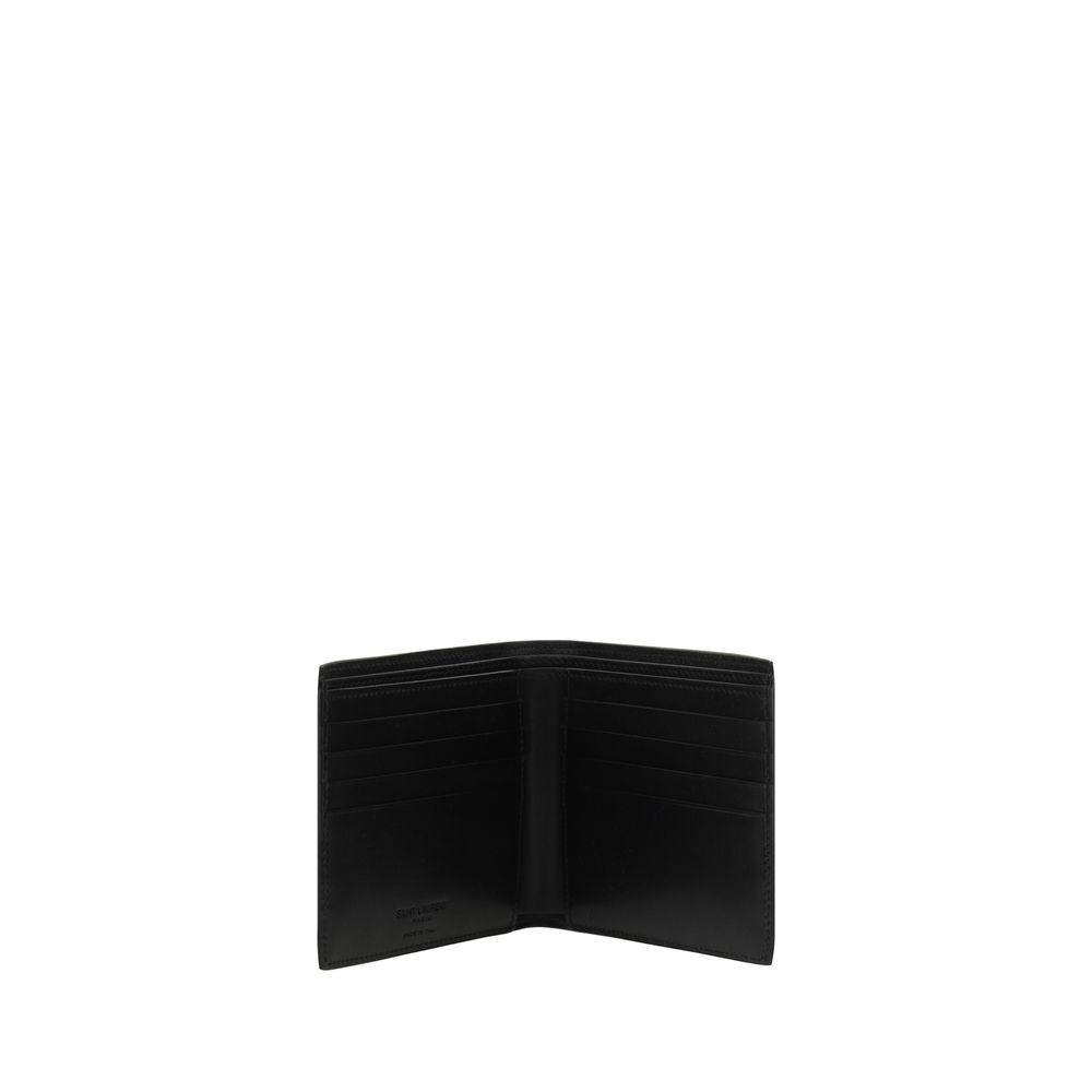 Open black leather bifold wallet with multiple card slots on white background