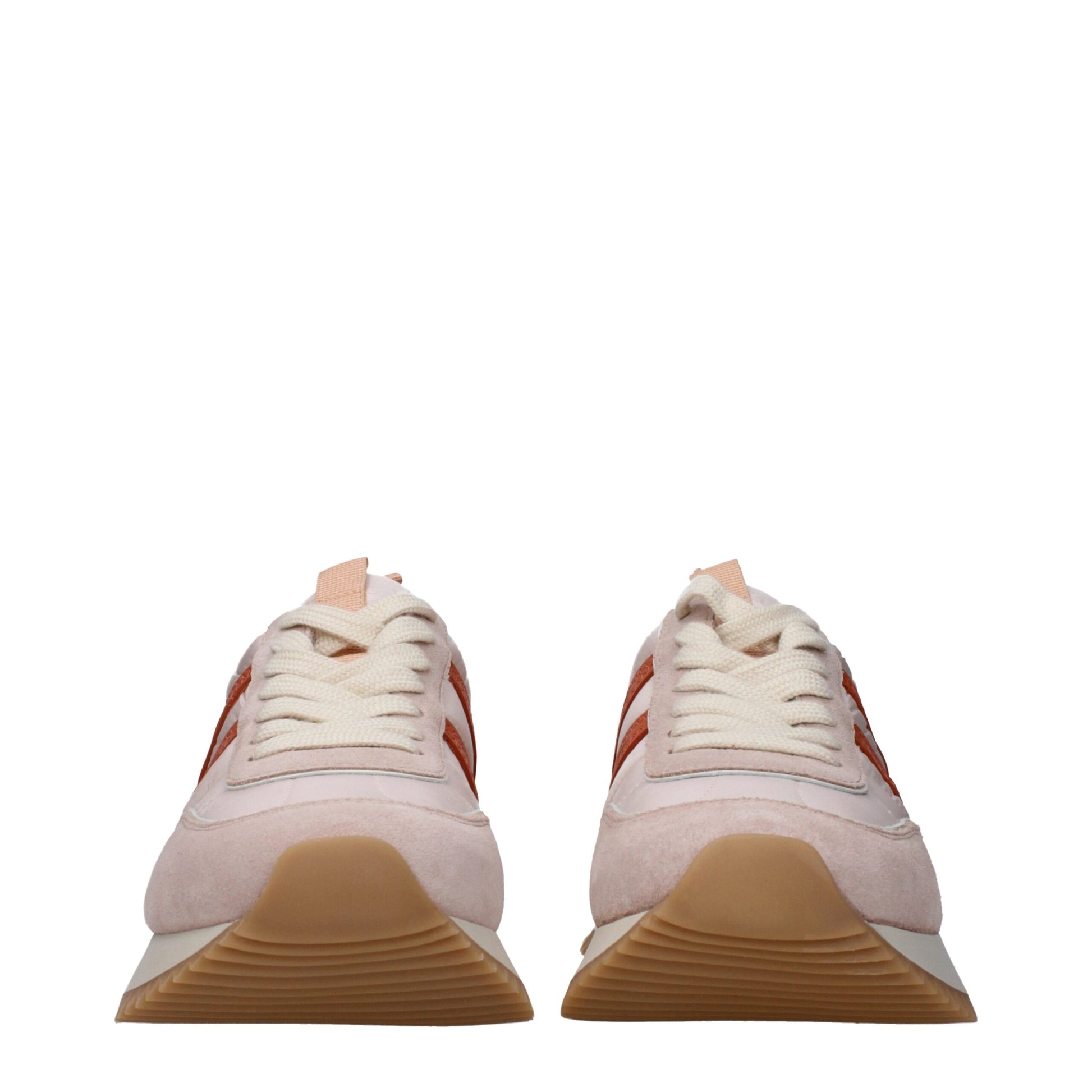 Front view of pink suede and fabric sneakers with white laces and brown rubber soles
