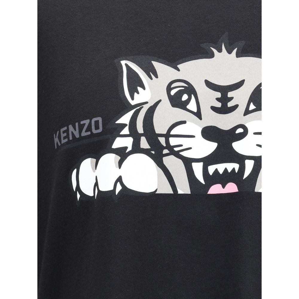 Black Kenzo t-shirt featuring a bold graphic tiger face with claws and pink tongue