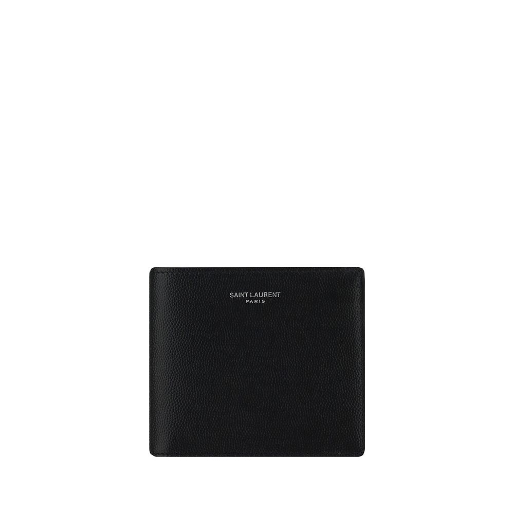 Black Saint Laurent Paris leather wallet with textured surface on white background