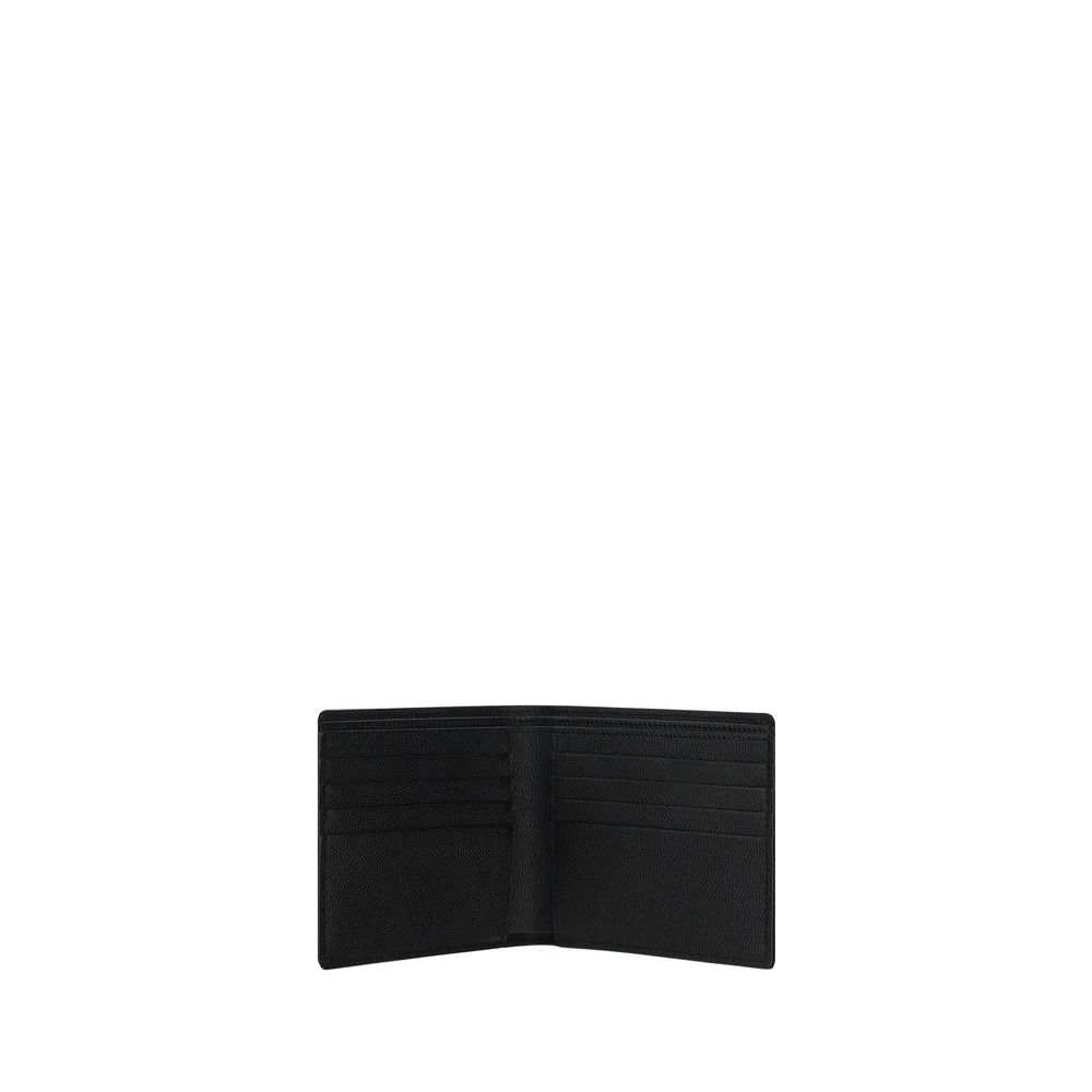 Open black leather wallet with multiple card slots on white background