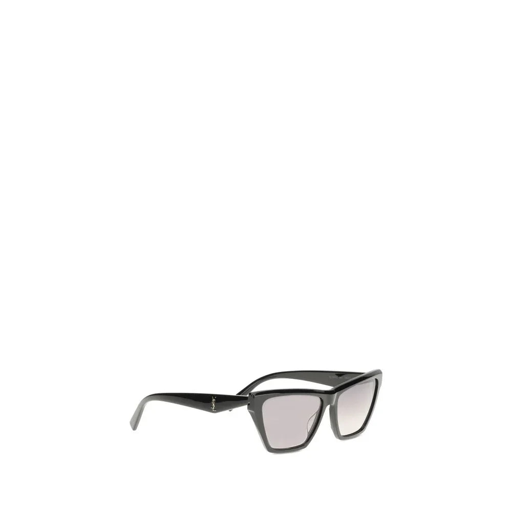 Black cat-eye sunglasses with gradient gray lenses and gold logo on temple