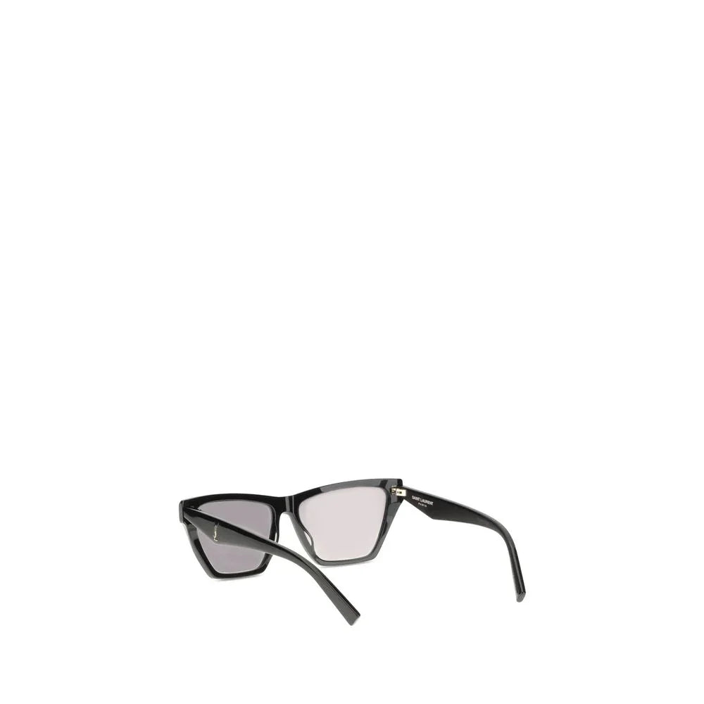 Black Saint Laurent Paris rectangular sunglasses with dark tinted lenses on white background