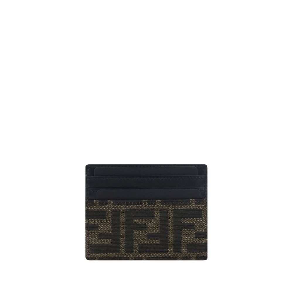 Brown and black Fendi monogram cardholder with multiple card slots on white background