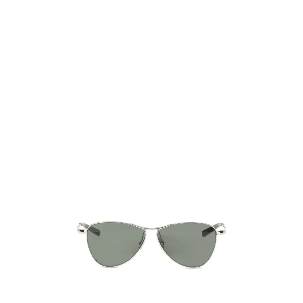 Silver metal aviator sunglasses with dark tinted lenses on white background