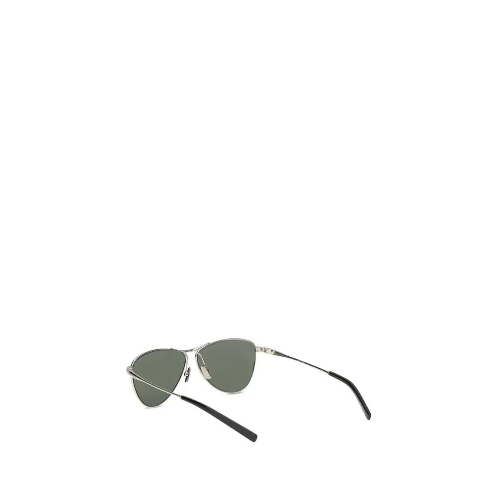 Silver metal frame aviator sunglasses with black temple tips and dark green lenses