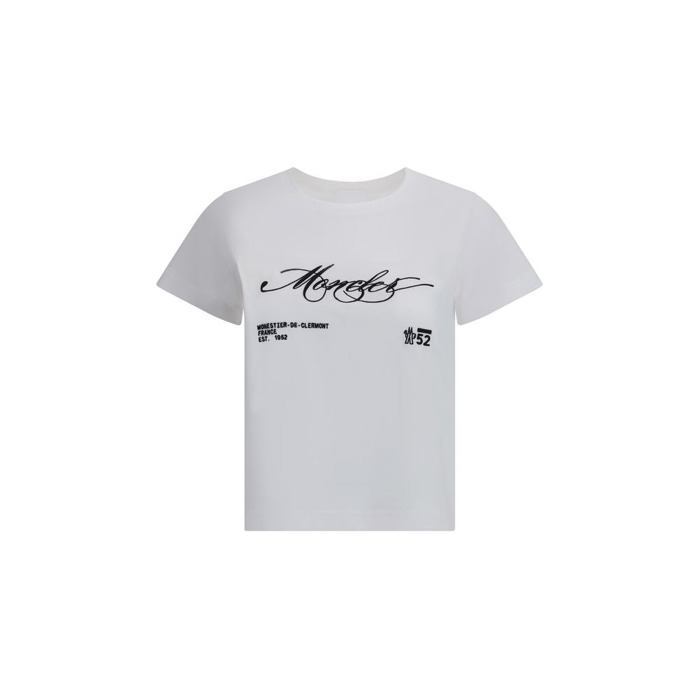 White Moncler logo t-shirt with black script and text print, short sleeves, round neck