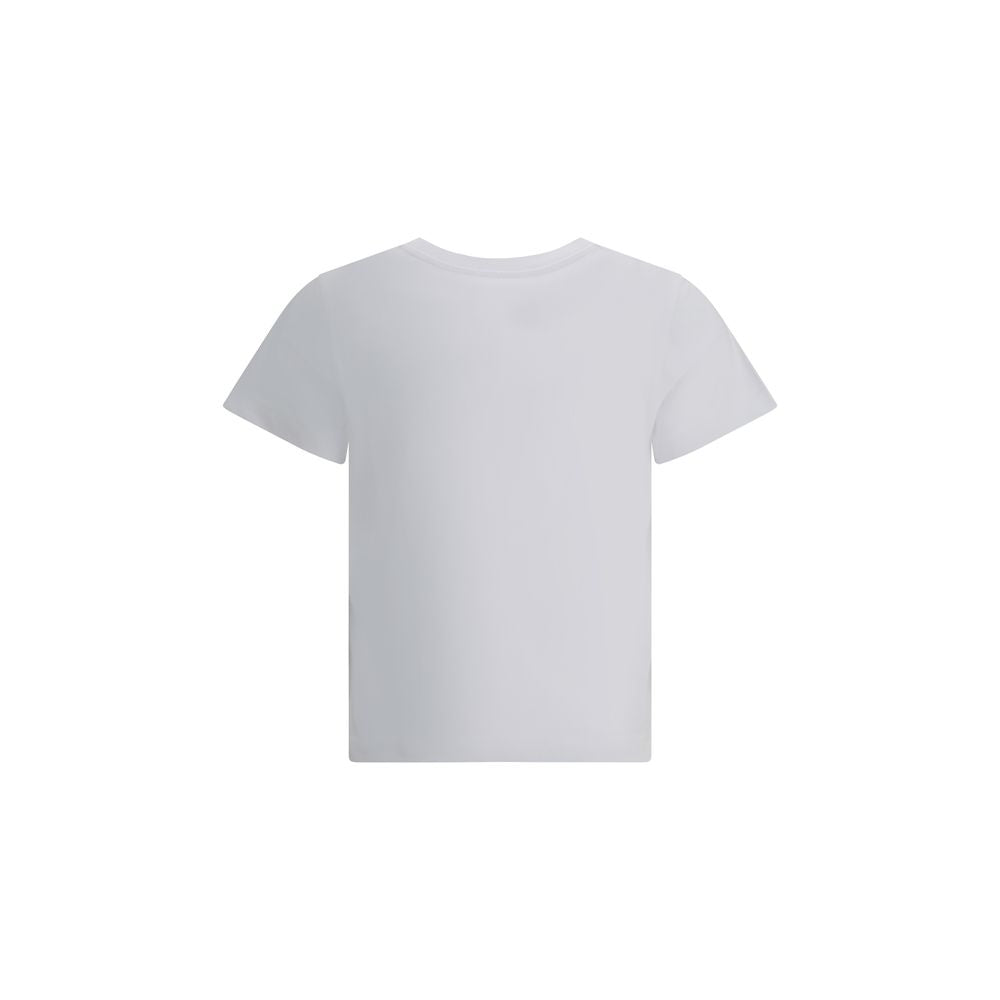 White Moncler logo t-shirt with black script and text print, short sleeves, round neck