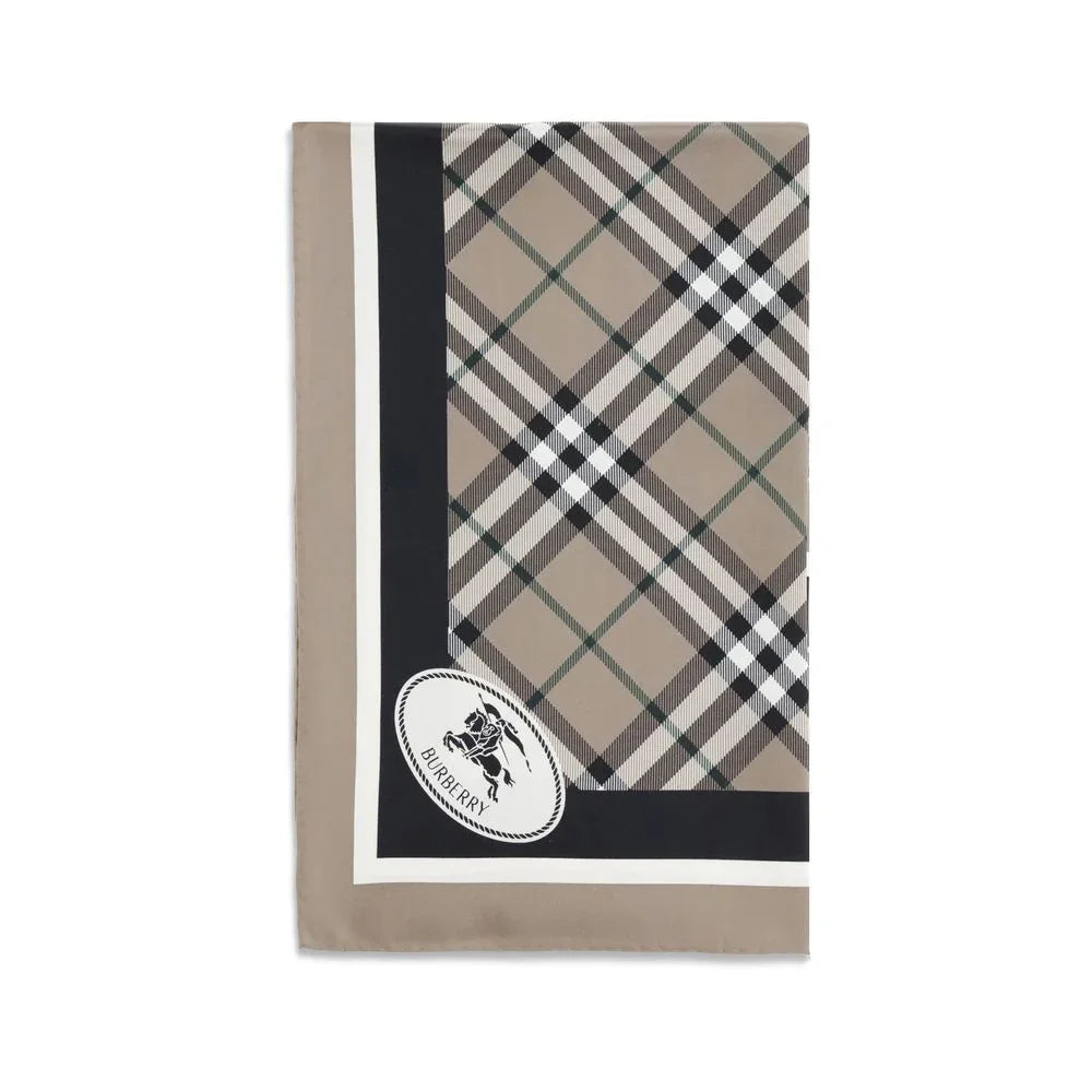 Beige Burberry scarf with classic check pattern and black border featuring Burberry logo