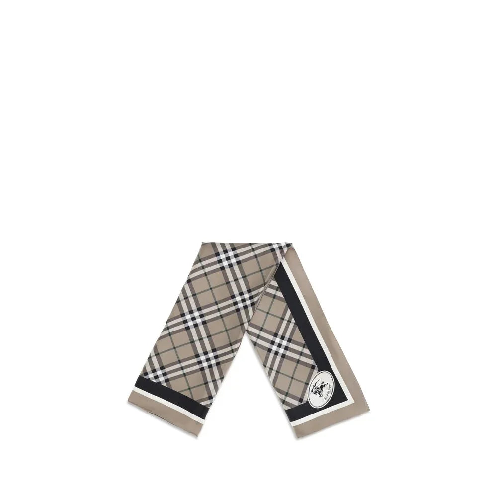 beige plaid silk scarf with black border and Burberry logo tag on white background