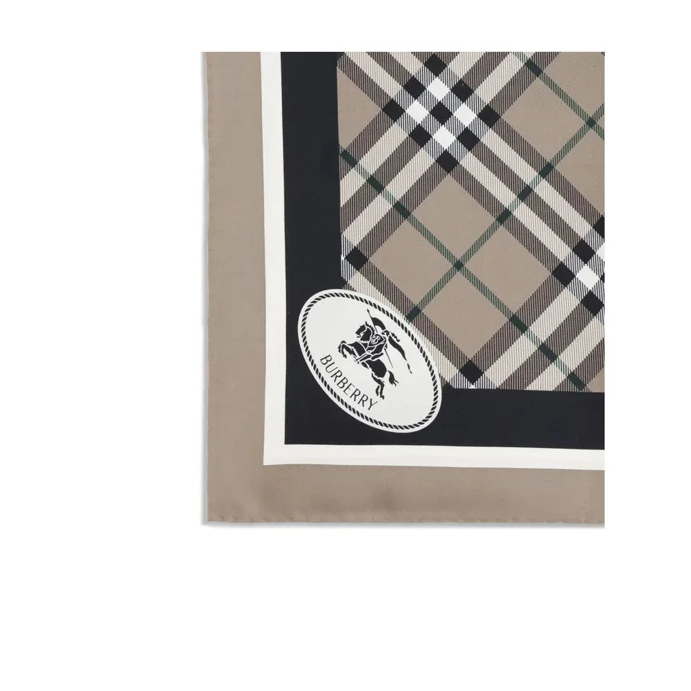 Beige Burberry scarf with classic check pattern and black border featuring Burberry logo