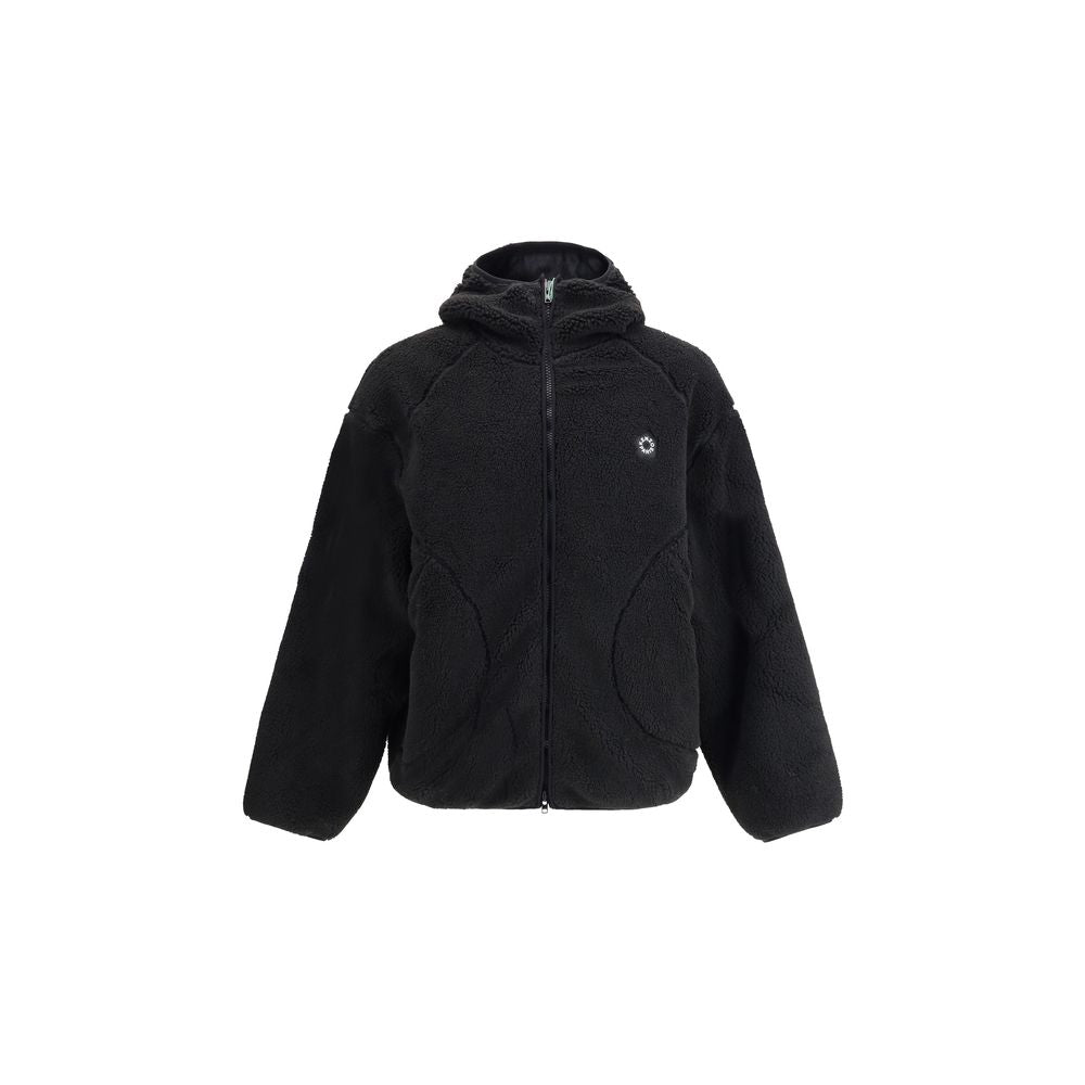 Black fleece zip-up hoodie with pockets and small logo on chest, winter jacket