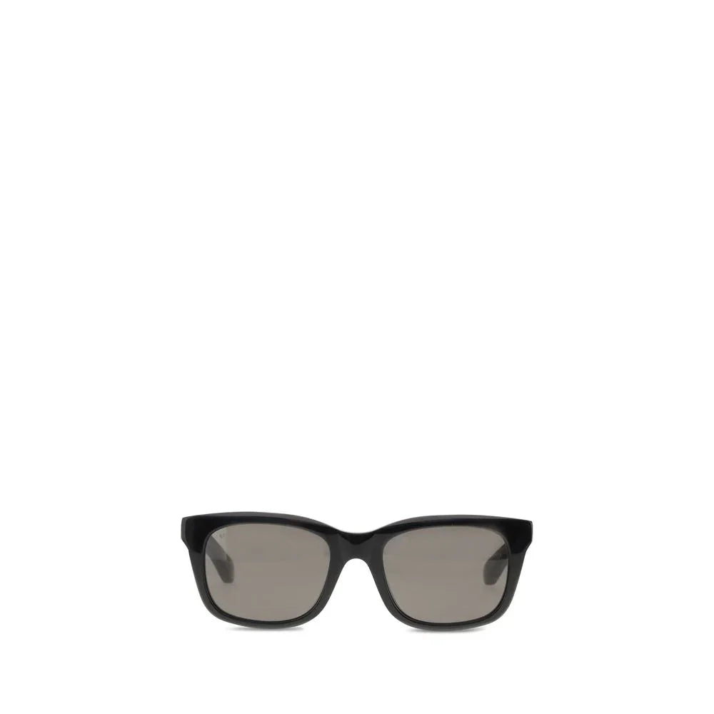 Black rectangular sunglasses with tinted gray lenses on white background