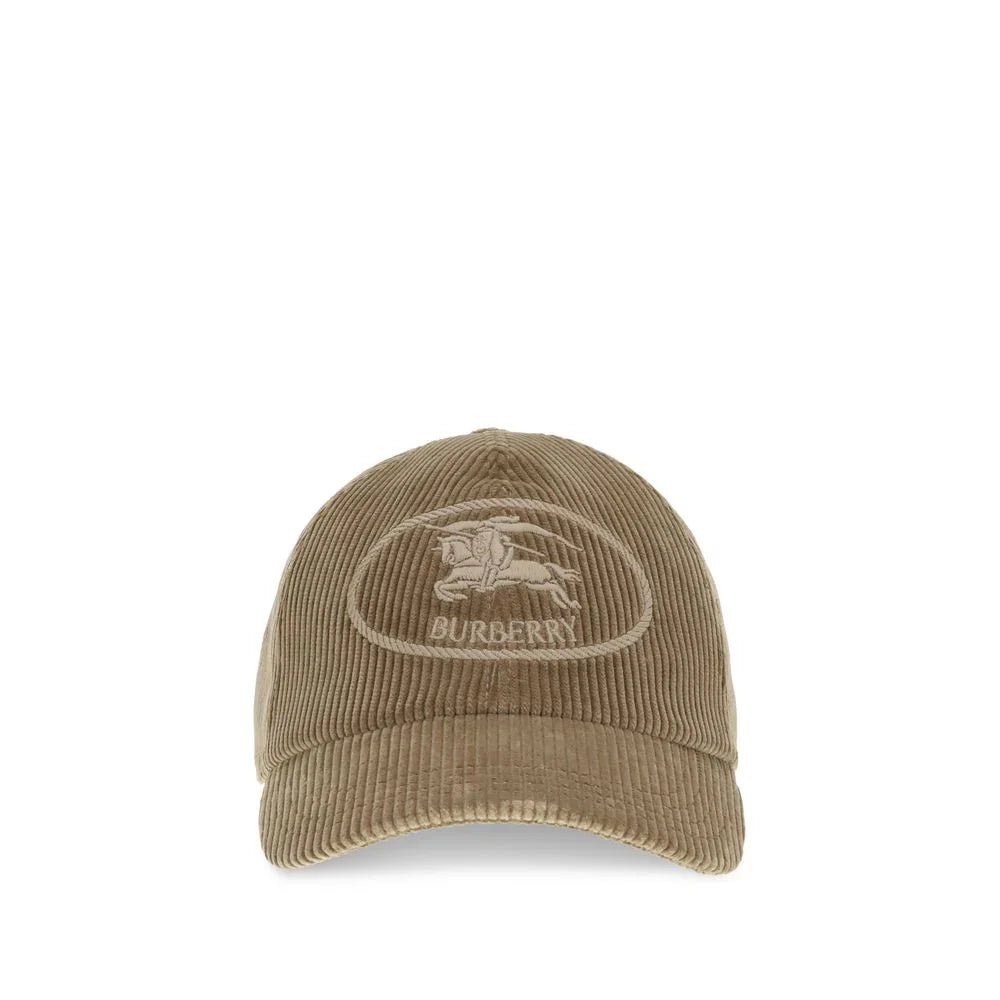 Front view of beige corduroy Burberry baseball cap with embroidered logo