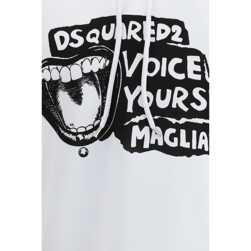 White DSQUARED2 hoodie with black graphic of open mouth and text Voice Yours Maglia