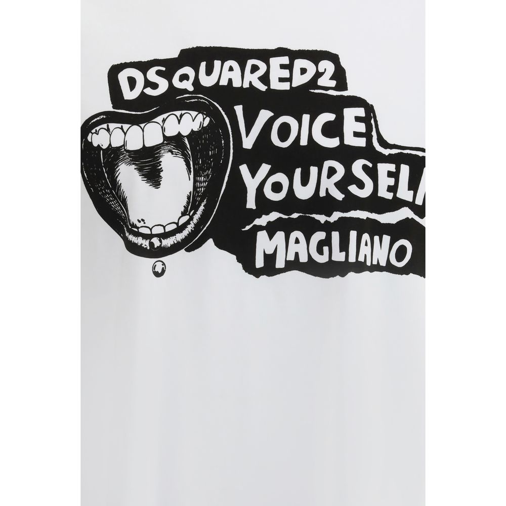 White DSQUARED2 t-shirt with black graphic of open mouth and text Voice Yourself Magliano