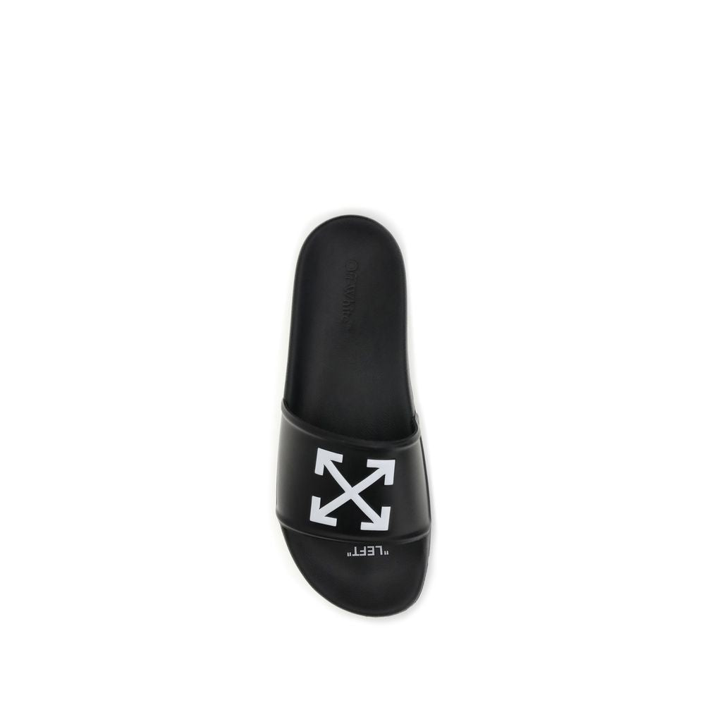 Black slide sandal with white arrow cross logo and 'LEFT' text on strap