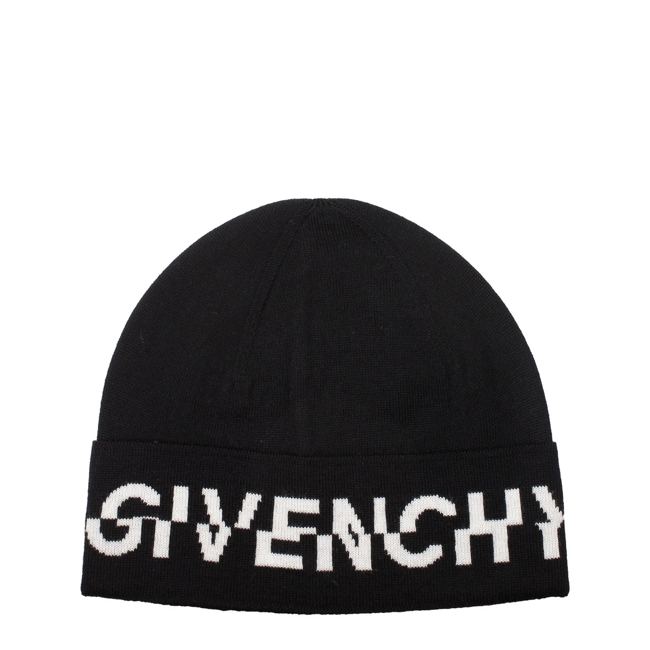 Black knitted beanie with white Givenchy logo text around the fold over cuff