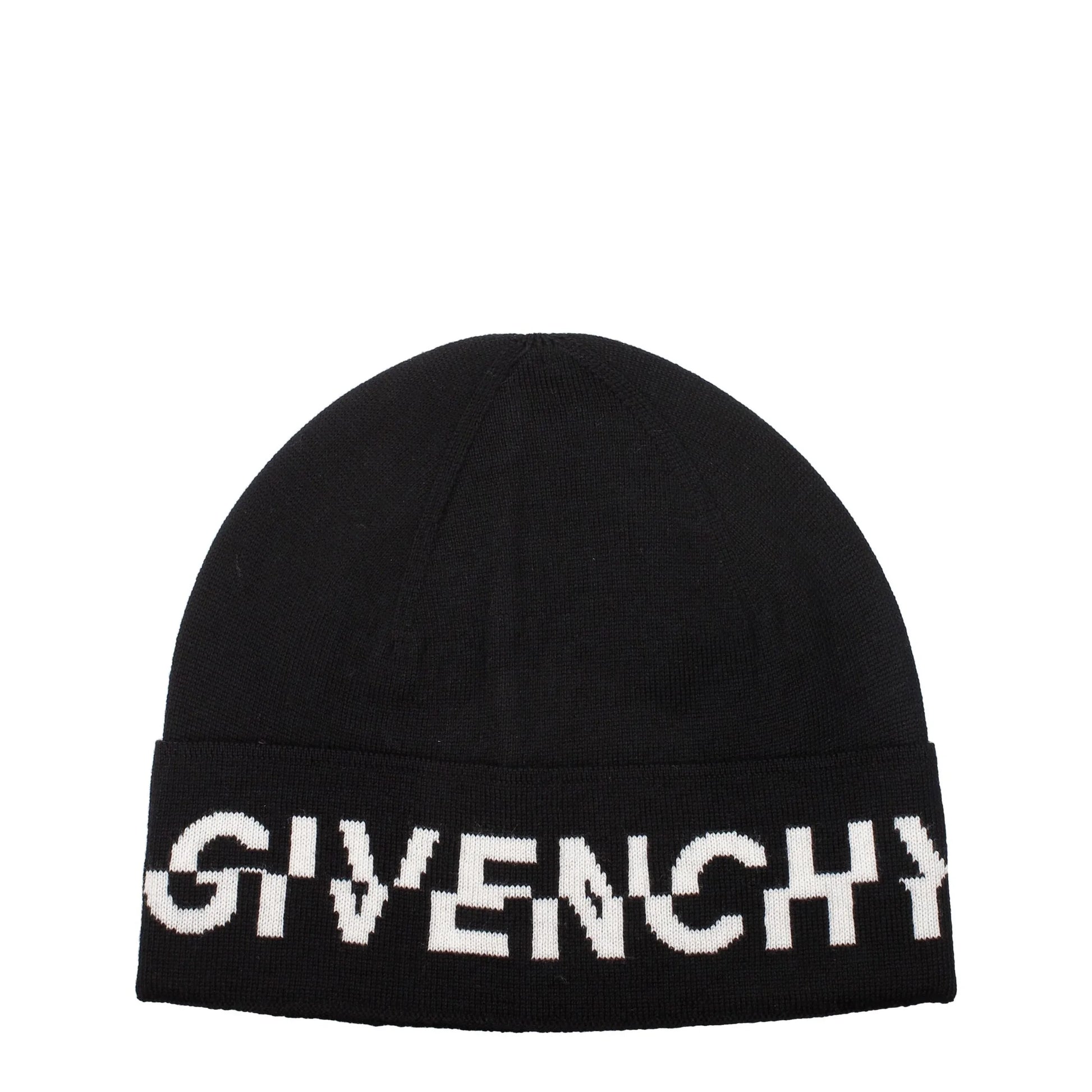 Black knitted beanie with white Givenchy logo text around the fold over cuff