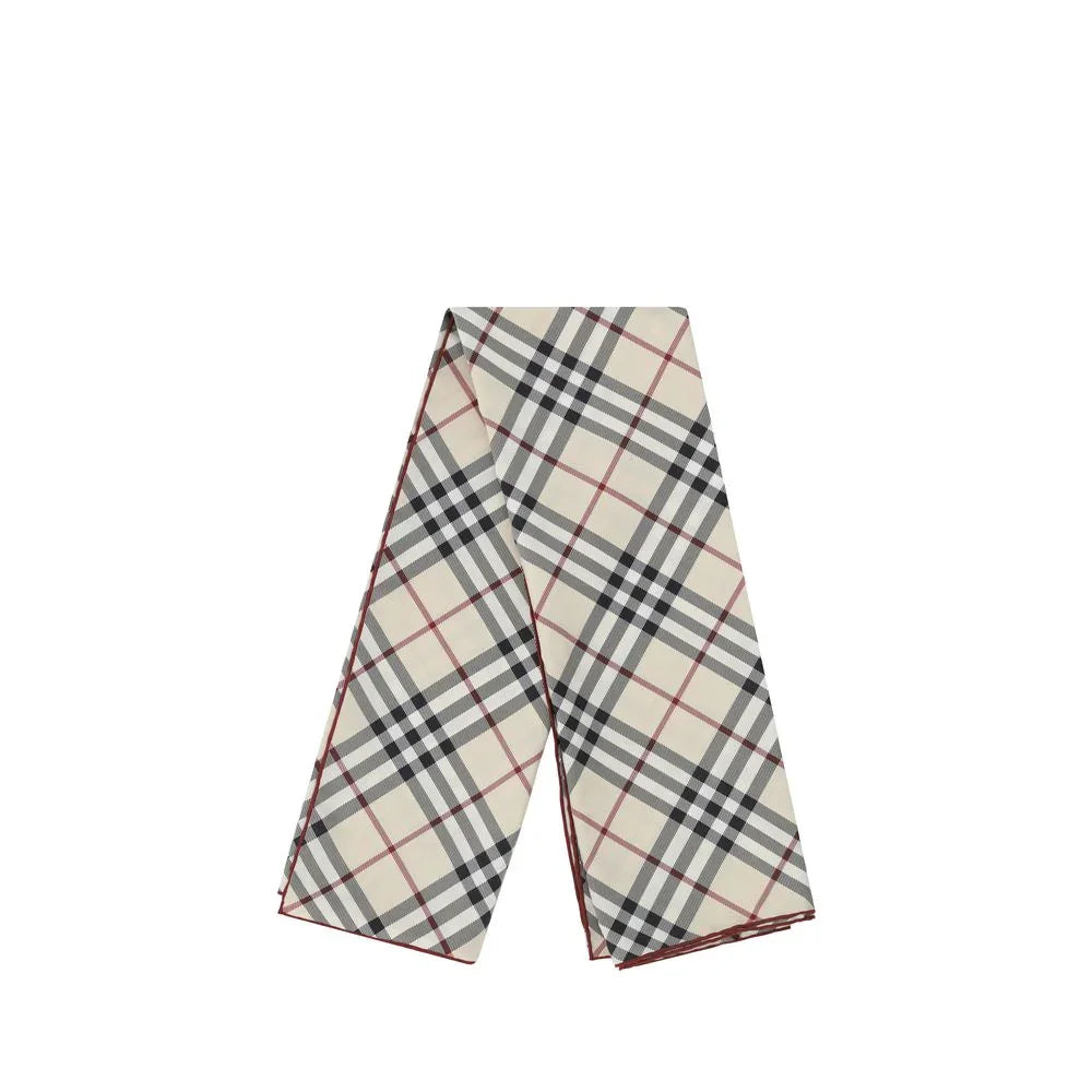 Beige, black, and red plaid scarf with a classic checkered pattern on white background