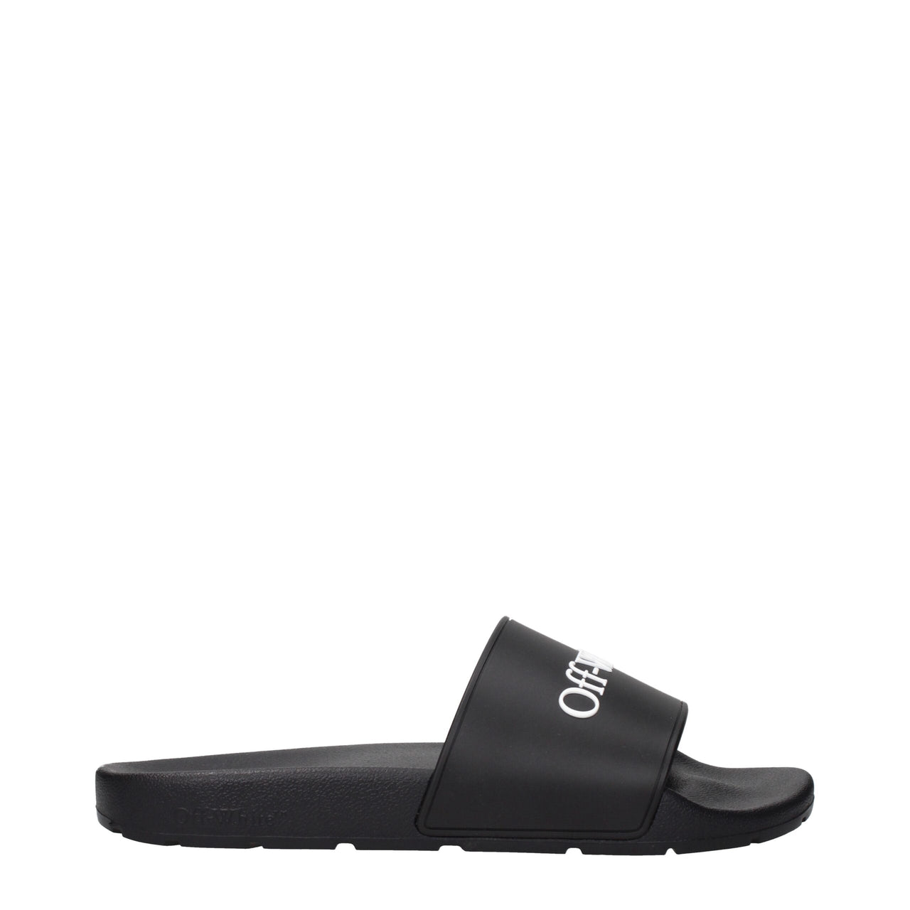 Black Off-White slide sandal with white logo text and textured sole