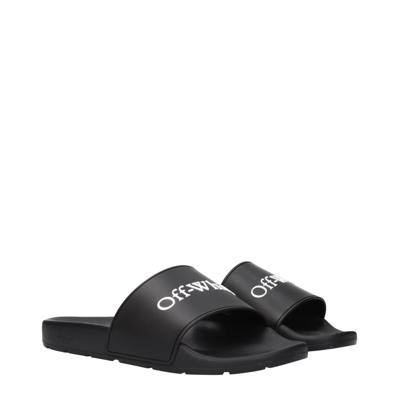 Black Off-White slide sandal with white logo text and textured sole