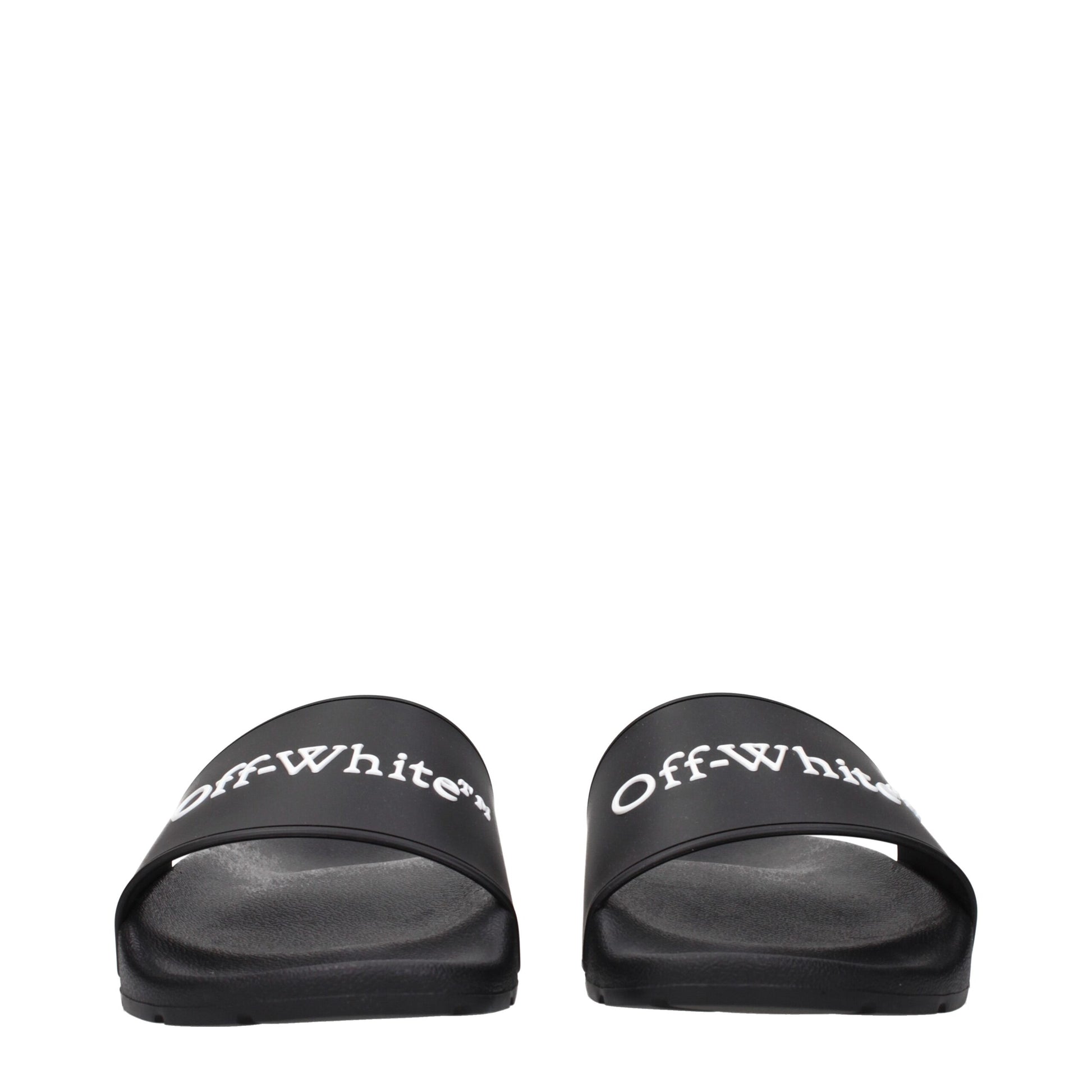 Front view of black Off-White branded slide sandals with white logo text