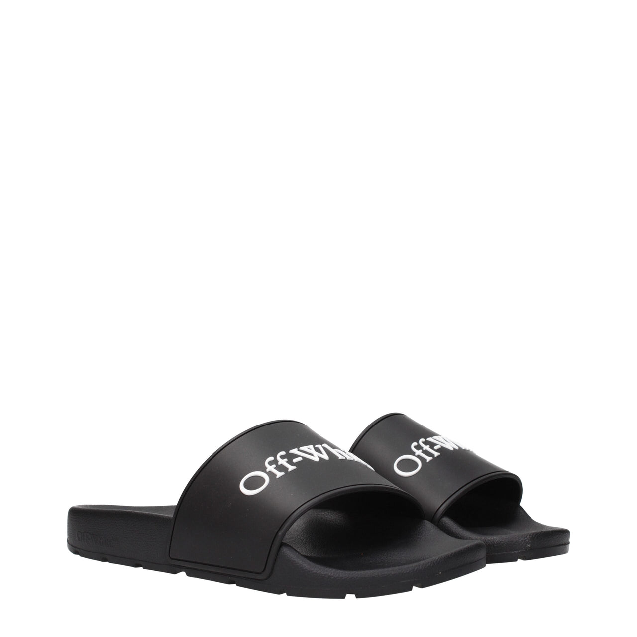 Black Off-White slide sandal with white logo on strap, cushioned sole, side view