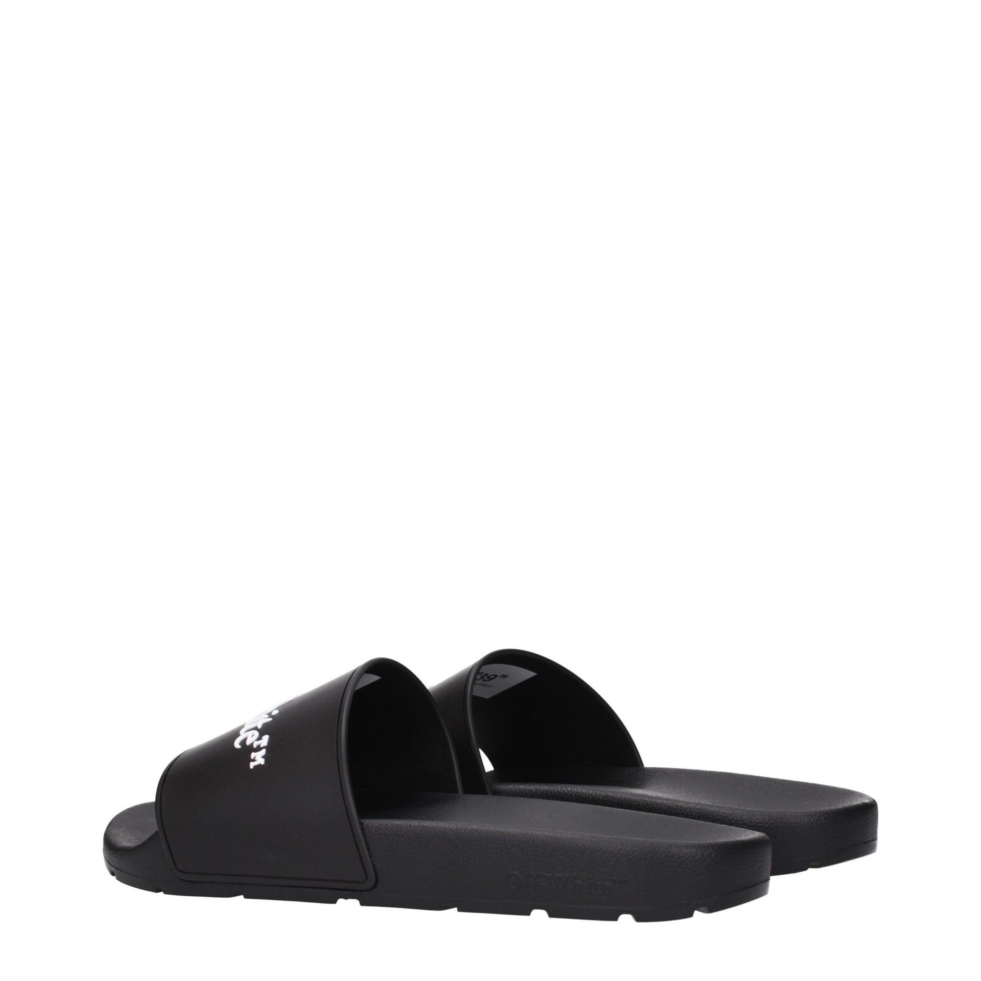 Black Off-White slide sandals with white logo lettering, ergonomic footbed, and textured sole