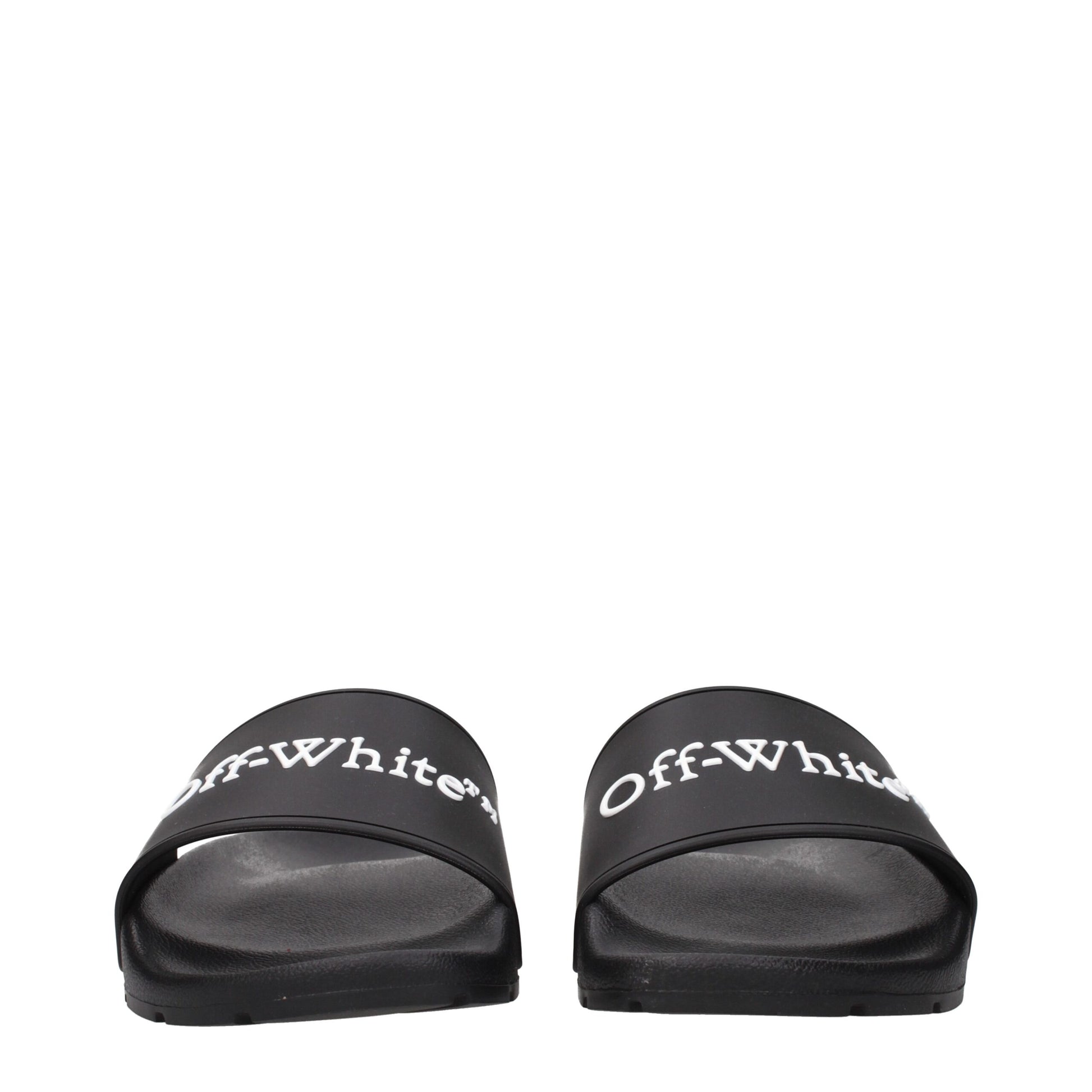 Black Off-White branded slide sandals with white logo text on straps, front view