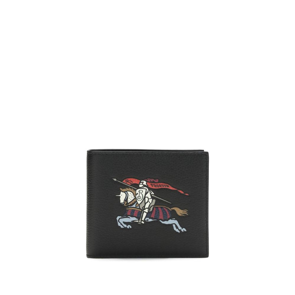 Black leather wallet with colorful knight on horseback graphic and red banner detail