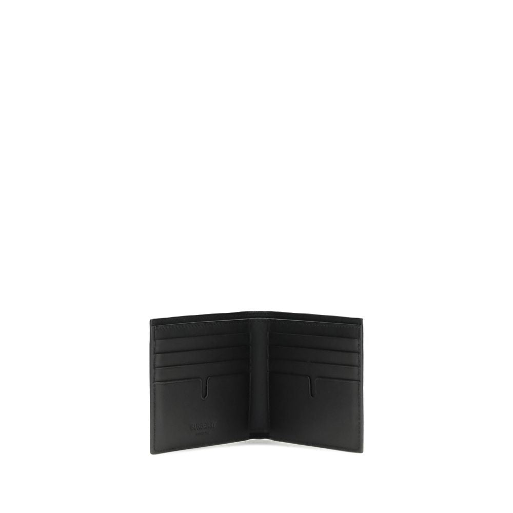 Open black leather wallet with multiple card slots on white background