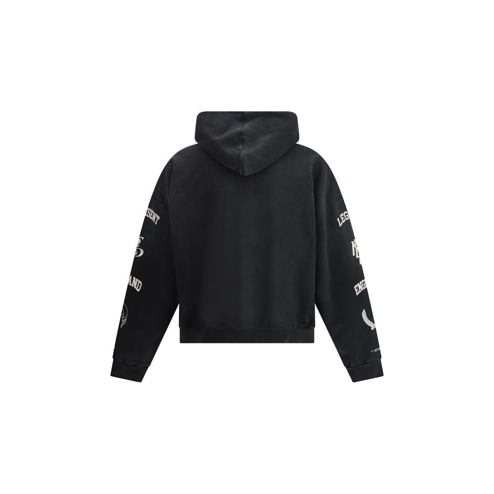 Black hoodie with graphic text and designs on both sleeves against white background