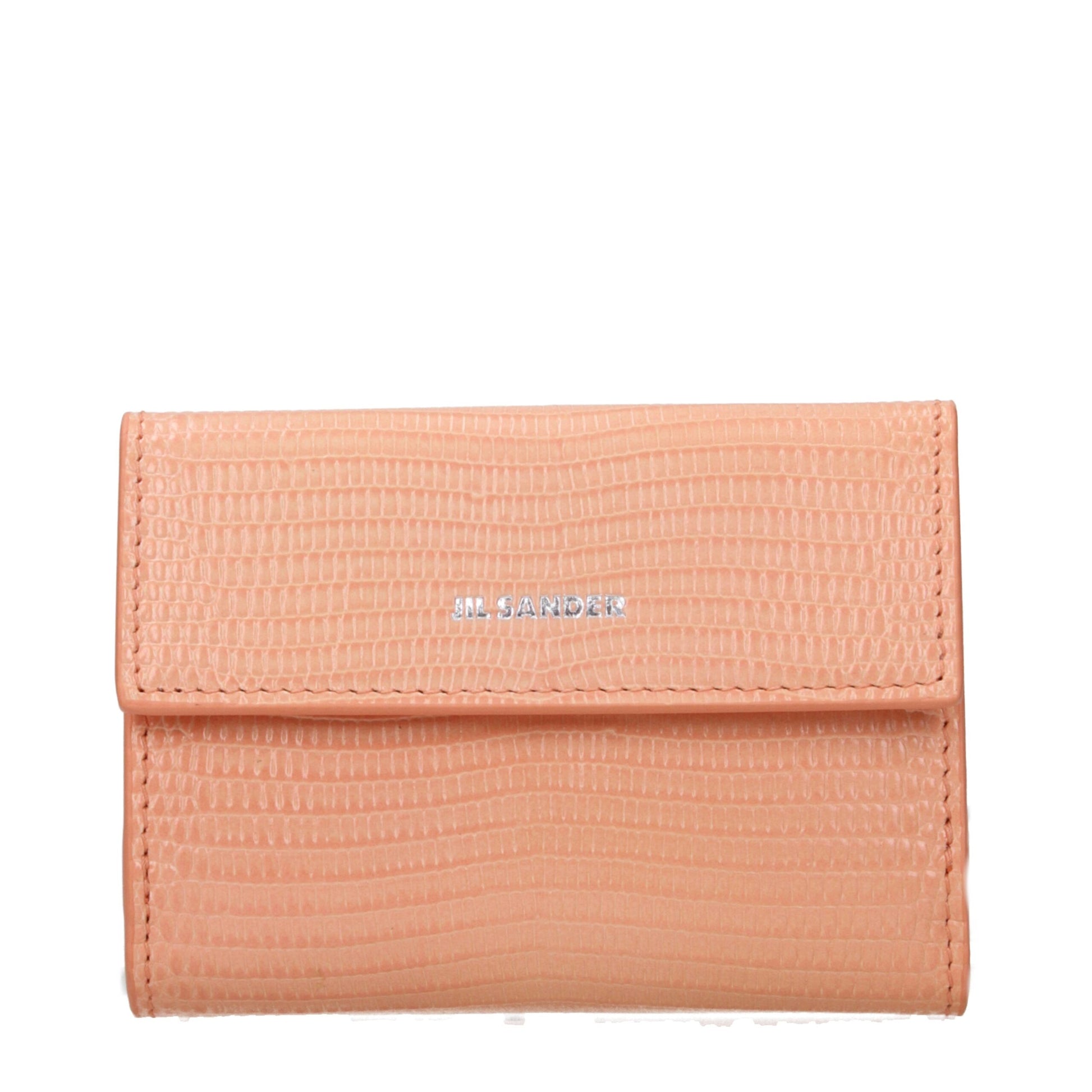 Jil Sander peach textured leather wallet with silver logo and fold-over flap