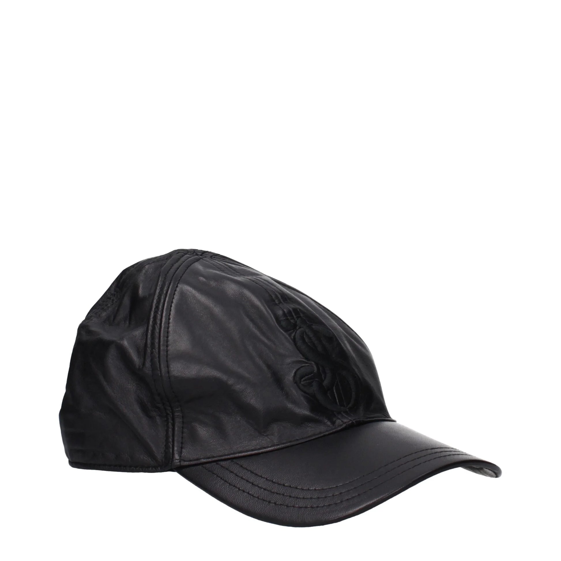 Black leather baseball cap with stitched details and curved brim on white background
