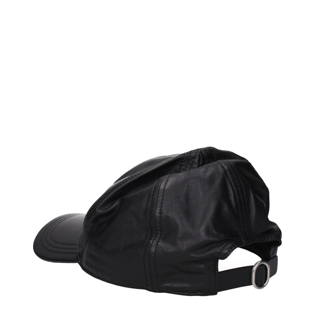 Black leather baseball cap with stitched details and curved brim on white background