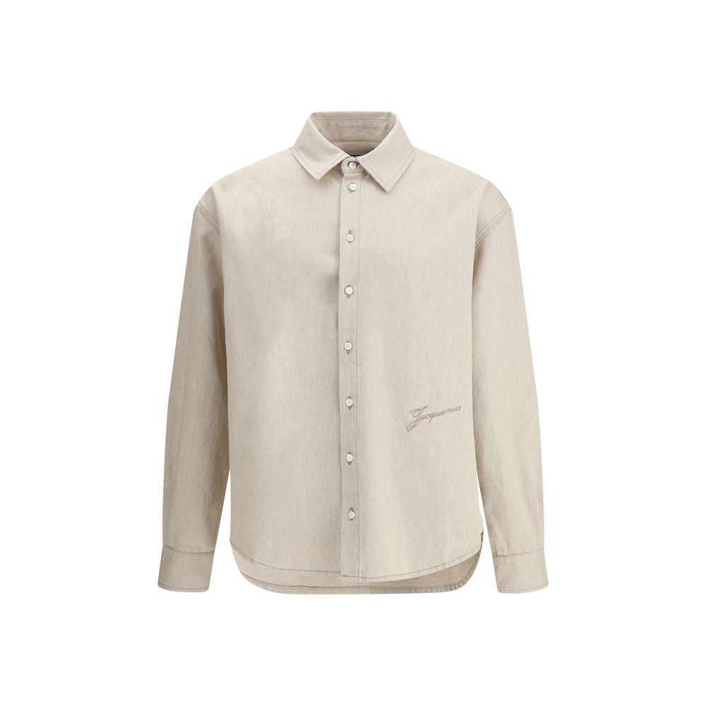Beige long-sleeve button-up shirt with collar and subtle Jacquemus logo embroidery